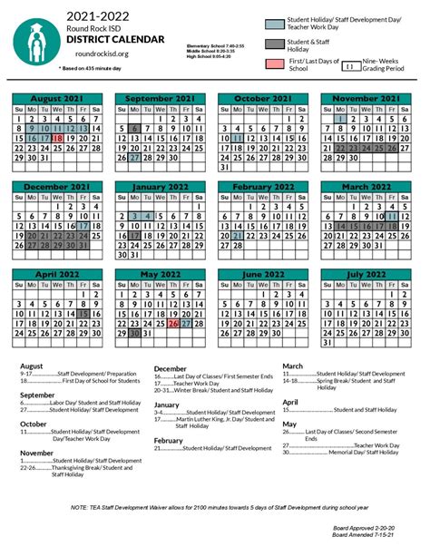 Round Rock Independent School District Calendar 2021-2022