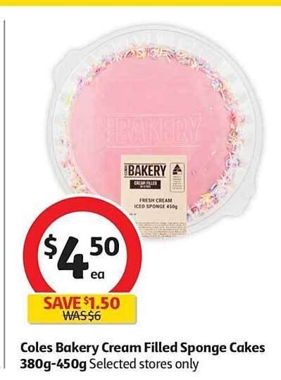 Coles bakery cream filled sponge cakes 380g-450g offer at Coles