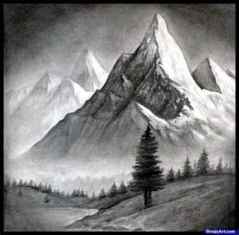 Как нарисовать пейзаж с горами карандашом поэтапно | Landscape drawings ...