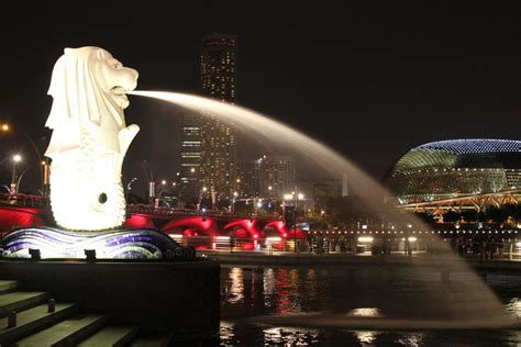 Singapore. Merlion Park fountain statue. \\ The Merlion is a ...