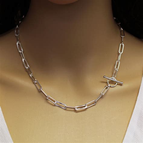 Sterling Silver Chain Necklace - Rectangle Link Textured Chain Necklace.