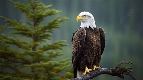 An Eagle Is Sitting On A Branch Near Trees Background, Picture Of A ...