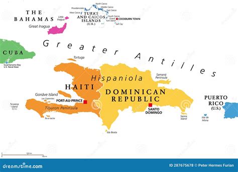 Hispaniola and Surroundings, Caribbean Islands, Colored Political Map ...