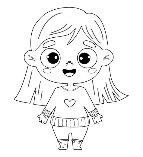 Cute happy kid girl. Outline drawing coloring book. Vector illustration ...