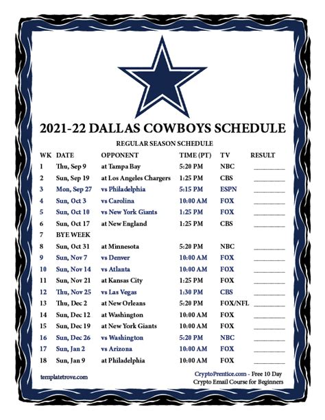 Dallas Cowboys 2023 Printable Schedule