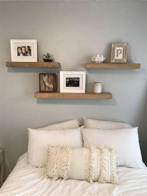 3 shelves above bed. White and grey bedroom. Fun room makeover ...