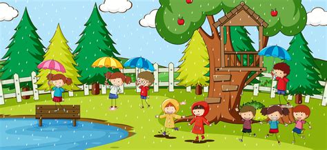 Park scene with many kids doodle cartoon character 2593963 Vector Art ...