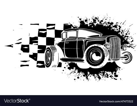 Black silhouette of hot rod car with race flag Vector Image