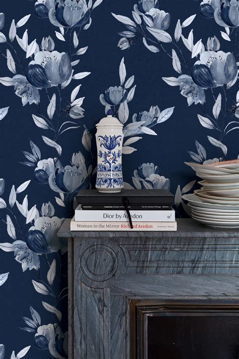 Indigo Blue Floral Peel and Stick Removable Wallpaper in US Modern ...