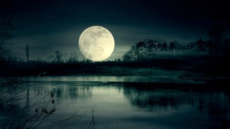 1360x768 Resolution Full Moon Night Near Lake Desktop Laptop HD ...