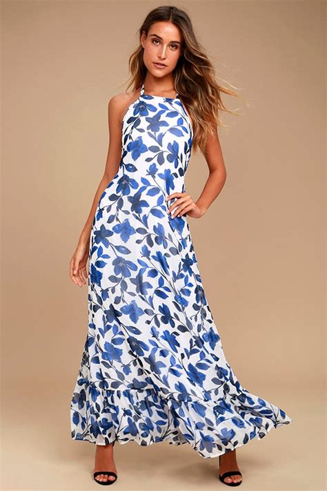 Lovely Blue and White Floral Print Dress - Halter Maxi Dress - Backless ...