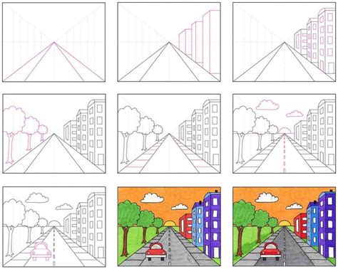 One point perspective drawing art lesson with a template video tutorial ...