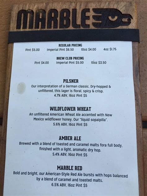 Menu of Marble Brewery Westside Tap Room in Albuquerque, NM 87114