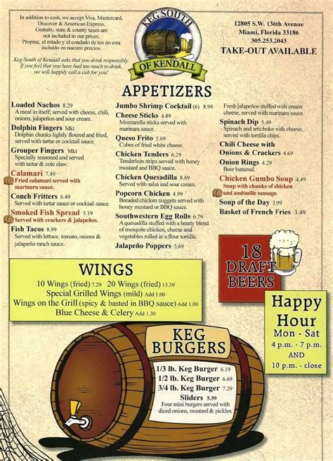 Menu at Keg South Of Kendall pub & bar, Three Lakes