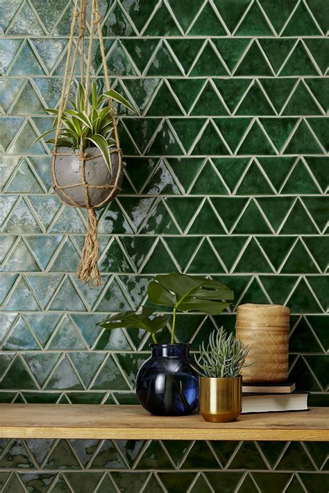 Handmade New Terracotta tiles // Glazed green triangle | Graphic tiles ...