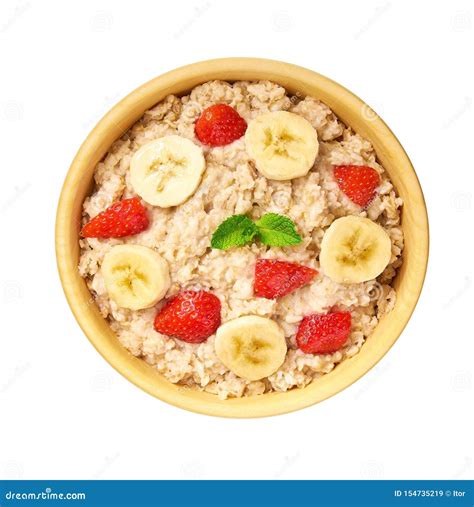 Wooden Bowl of Oatmeal Porridge with Banana and Strawberry Isolated ...