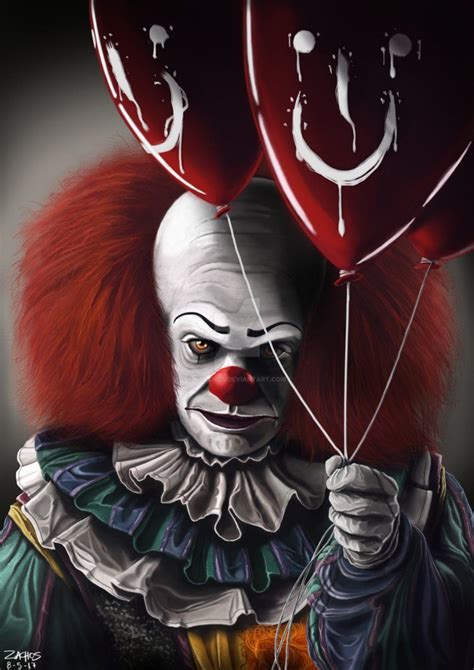 a creepy clown holding two red balloons