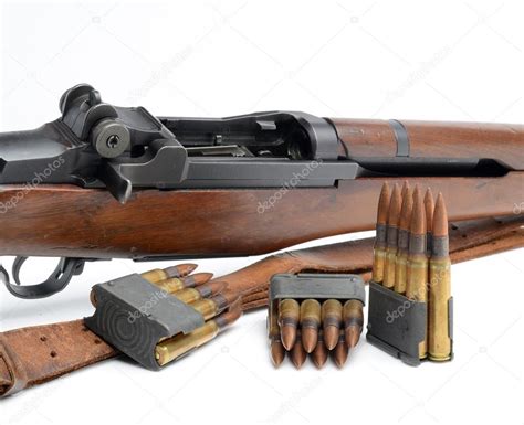 M1 Garand Rifle, clips and ammunition on white background. Stock Photo ...