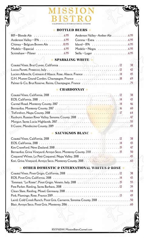 Menu at Mission Bistro steakhouse, Carmel-by-the-Sea