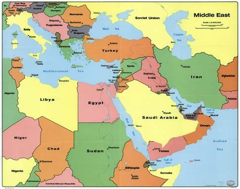 Large scale political map of the Middle East with capitals - 1990 ...