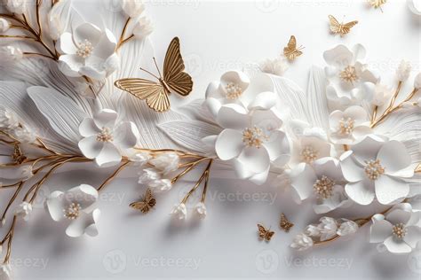 3d White Jewelry Flowers Wallpaper With Golden Branches And Butterflies ...