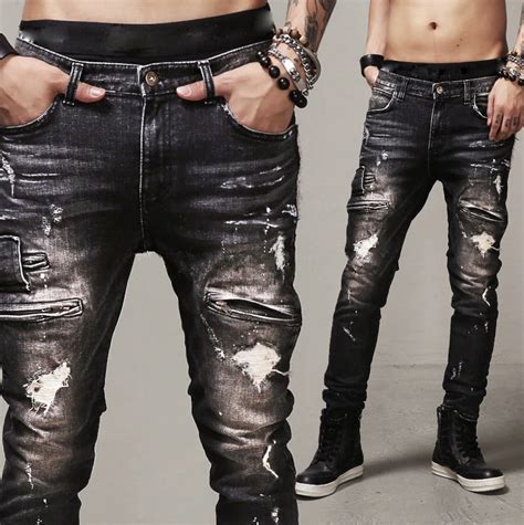 Tight Mens Ripped Jeans /Slim Fit Black Jeans With Holes For Men/Male ...