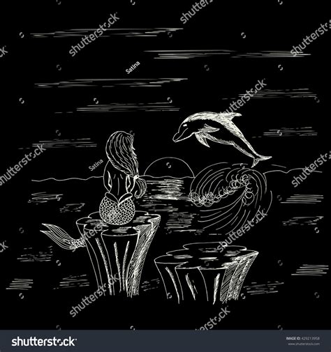 Vector Sketch Mermaid Sitting On Rock Stock Vector (Royalty Free ...