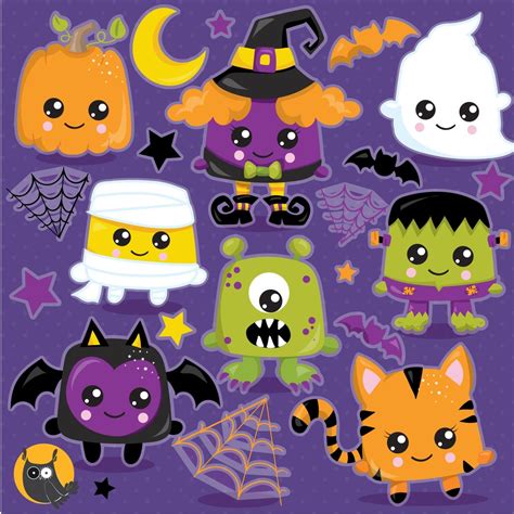 Halloween Characters Clipart, Kawaii Halloween, Commercial Use, Vector ...