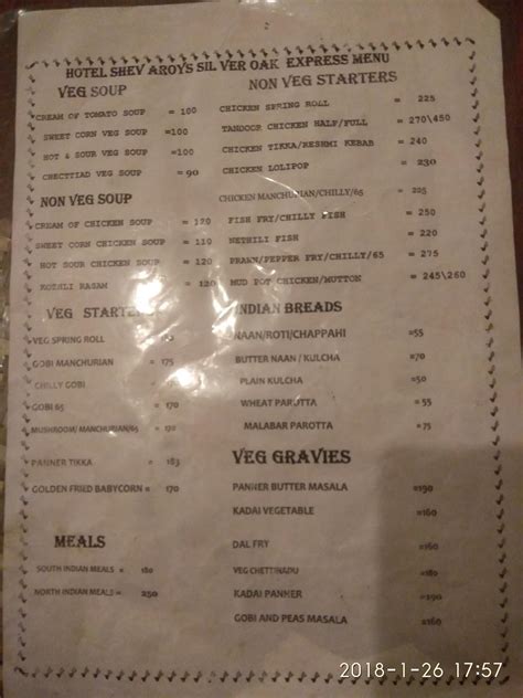 Menu at Silver Oak Restaurant, Yercaud