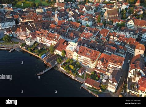 Aerial drone image of Zug, Switzerland with focus on the Zug Old Town ...