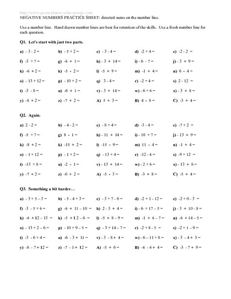 Negative Numbers Practice Sheet Worksheet for 4th - 5th Grade | Lesson ...