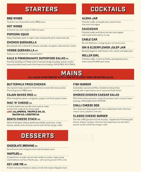 All Star Lanes Menu, Menu for All Star Lanes, Deansgate, Manchester ...