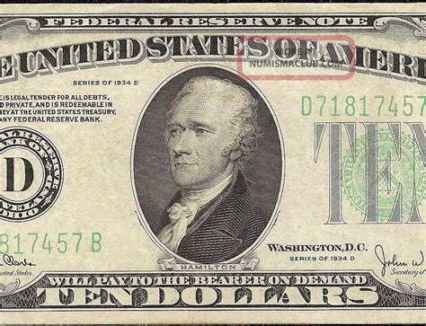 1934 D $10 Dollar Bill Federal Reserve Green Seal Note U. S. Currency ...