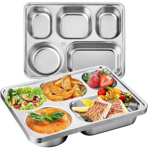 Buy 5 Pack Stainless Steel Rectangular Divided Dinner Tray Metal Dinner ...