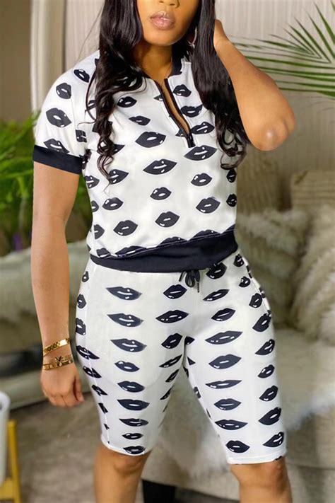 Fashion Casual Printed White Short Sleeve Shorts Set