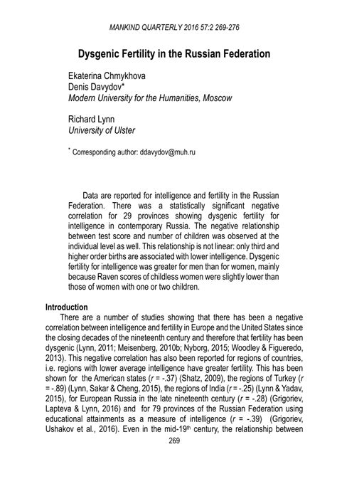 (PDF) Dysgenic Fertility in the Russian Federation