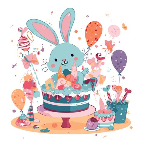 March Birthday Vector, Sticker Clipart Cartoon Rabbit On Cake With ...