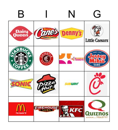 Fast Food Restaurant Logos Bingo Card