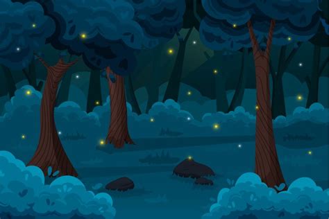 Cartoon night forest. Nature background of magical wood with