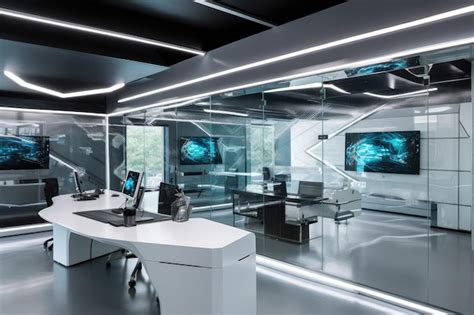 Premium Photo | Futuristic office with glass walls sleek furniture and ...