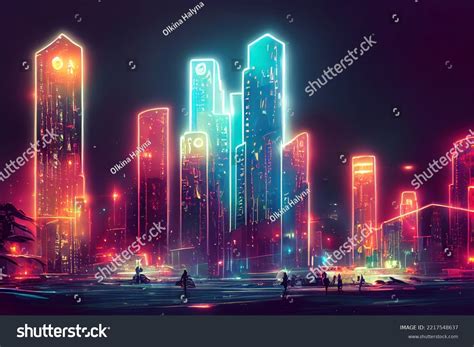 Futuristic City Concept Art Cityscape Night Stock Illustration ...