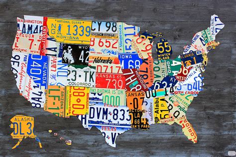 License Plate Map Of The Usa On Gray Reclaimed Wood Vintage Recycled ...