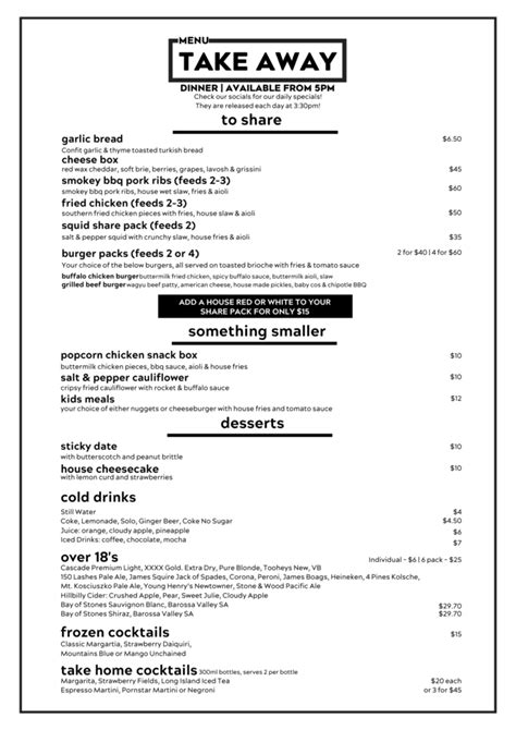 Take Away Menu | The Bunker Cafe Bar Restaurant