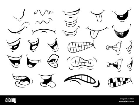 outline Cartoon Mouth Set . Tongue, Smile, Teeth. Expressive Emotions ...