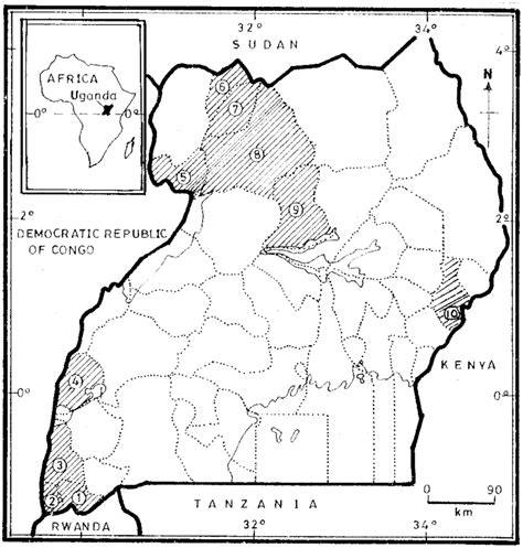 Map of Uganda, showing the study districts of Kabale (1), Kisoro (2 ...