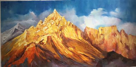 Custom Made Golden Mountain Landscape Oil Painting on Canvas - Handmade ...