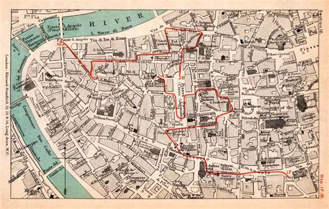 1908 Lithograph Map Plan Rome Tiber River Pantheon Route Piazza Navona ...