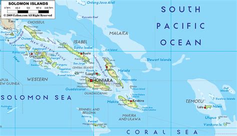 Large detailed physical map of Solomon Islands with all cities and ...