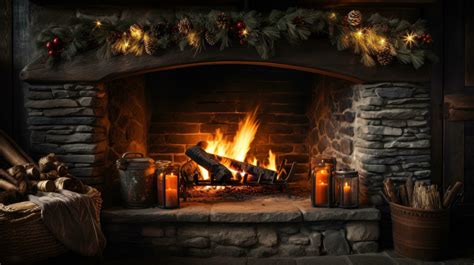 Cozy fireplace. Burning logs, warm colors, and holiday decorations ...