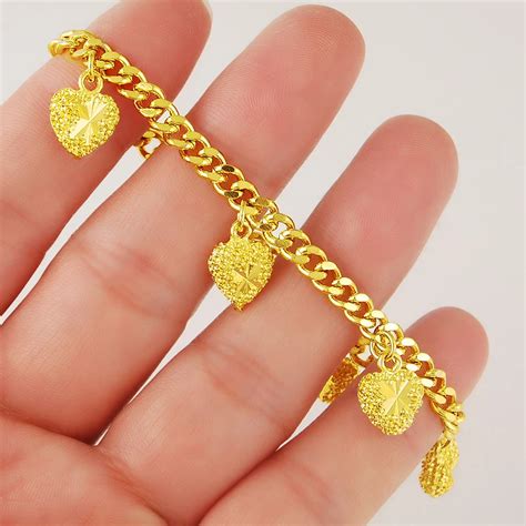 pure gold color 4MM cable Chain with hearts charms Bracelet for women ...